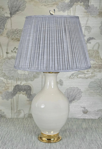 Rooster lamp finial styled with a Fermoie strie lampshade on a Paul Schneider Athens ceramic lamp