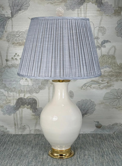 Rose Jade Basket lamp finial styled with a Fermoie strie lampshade on a Paul Schneider Athens ceramic lamp