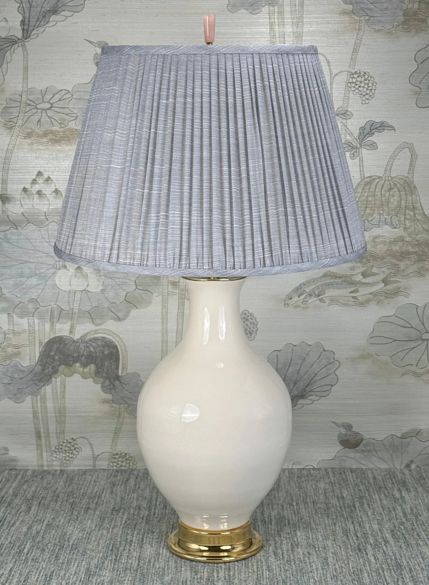 Rose Quartz Cylinder Finial with Polished Brass Base styled with a Fermoie strie lampshade on a Paul Schneider Athens ceramic lamp