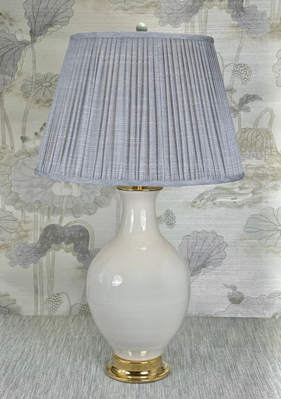 Sage Green lamp finial styled with a Fermoie strie lampshade on a Paul Schneider Athens ceramic lamp.