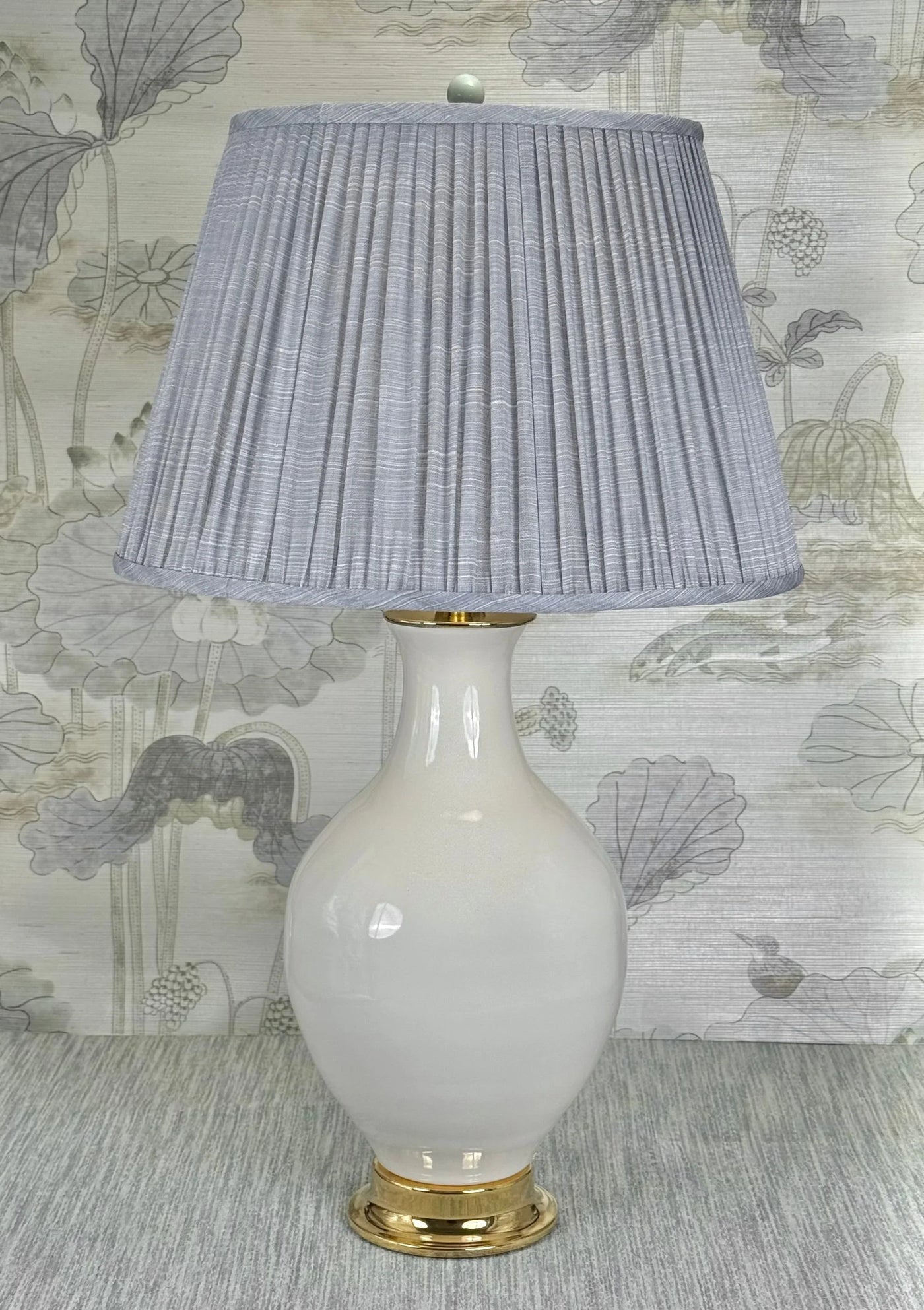 Sage Green lamp finial styled with a Fermoie strie lampshade on a Paul Schneider Athens ceramic lamp.