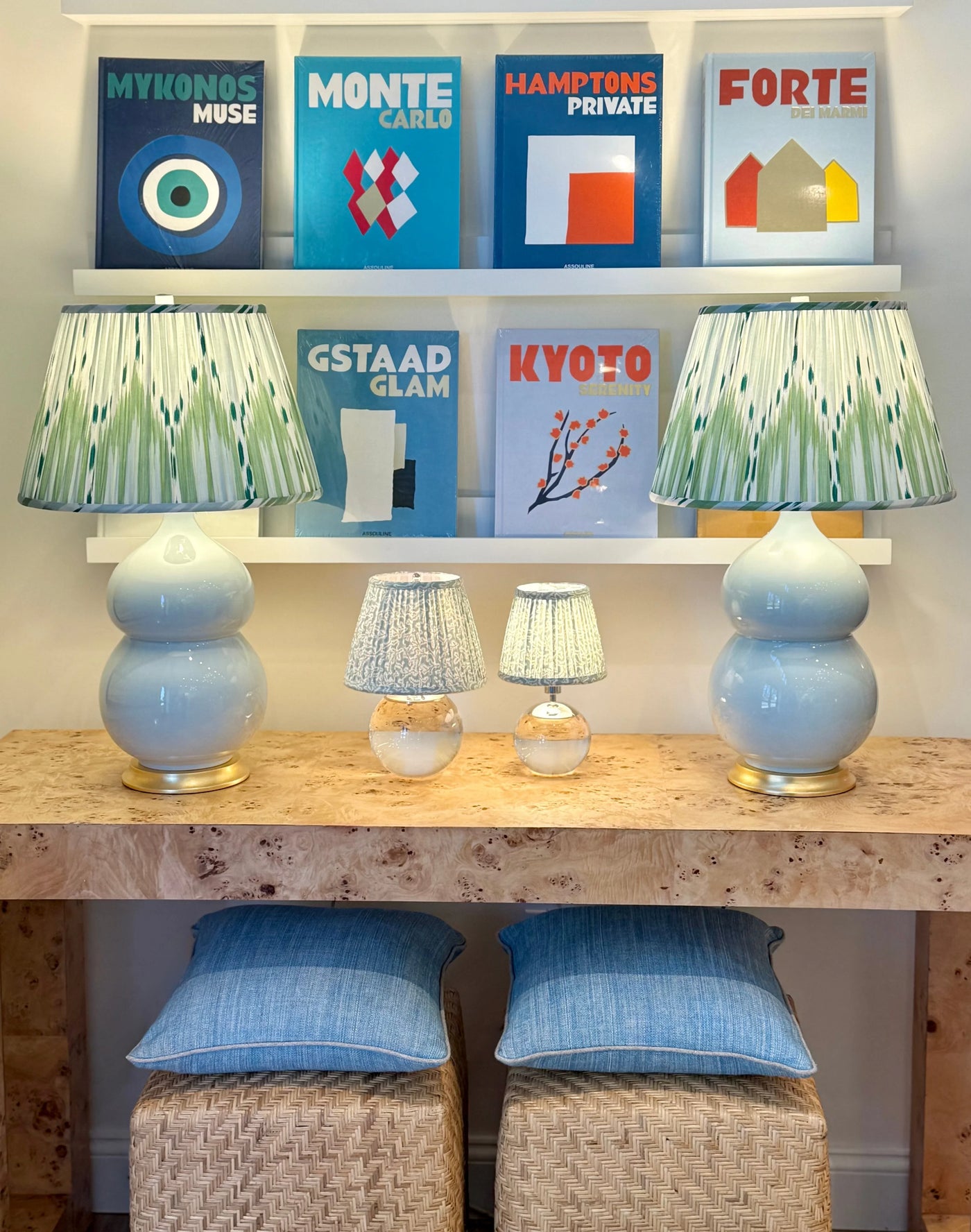 Bukhara Ikat in Mineral Blue & Leaf Green Fabric Lampshade on Hwang Bishop Nanjing Table Lamp