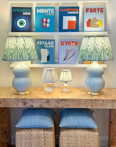 Bukhara Ikat in Mineral Blue & Leaf Green Fabric Lampshade on Hwang Bishop Nanjing Table Lamp