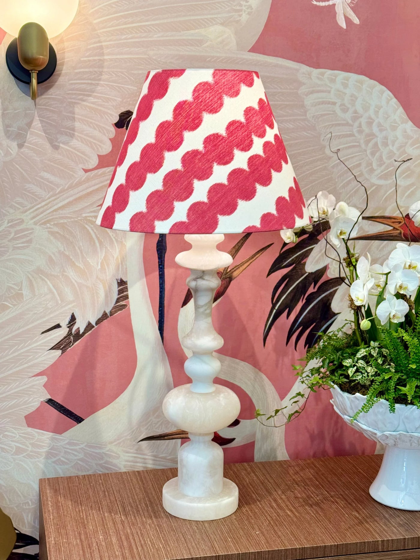 Schumacher - Full Circle in Fuchsia Fabric Lampshade paired with farrington alabaster lamp