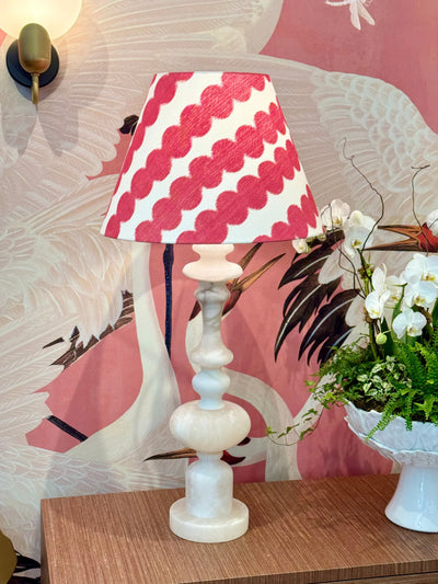 Schumacher - Full Circle in Fuchsia Fabric Lampshade paired with farrington alabaster lamp