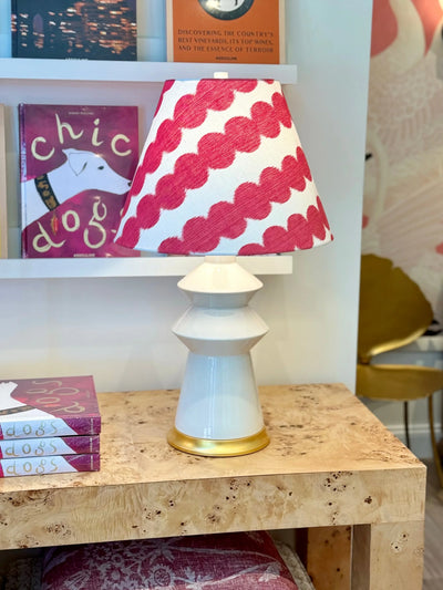 Schumacher - Full Circle in Fuchsia Fabric Lampshade paired with hwang bishop malibu in white