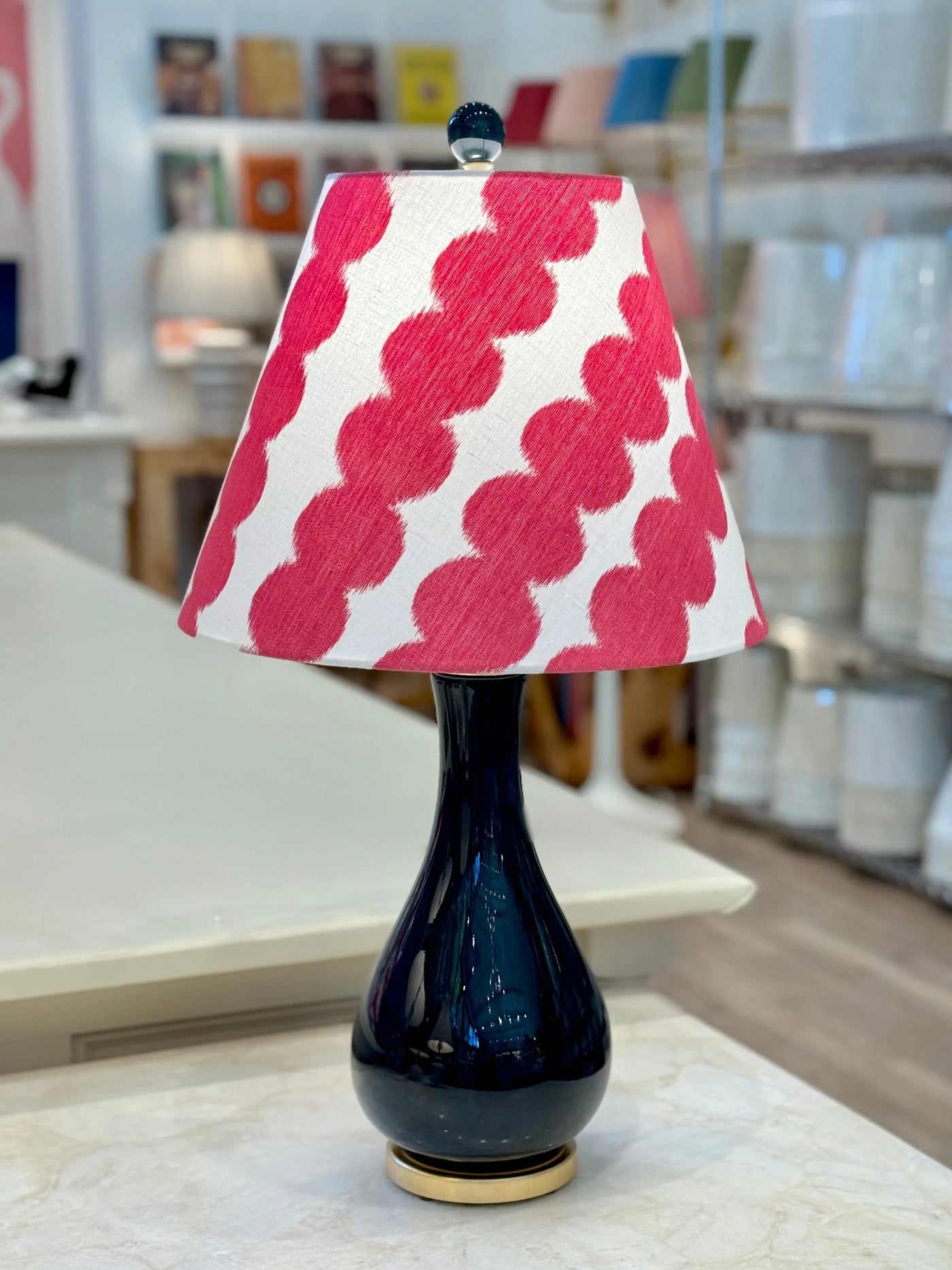 Schumacher - Full Circle in Fuchsia Fabric Lampshade paired with blue dove lamp