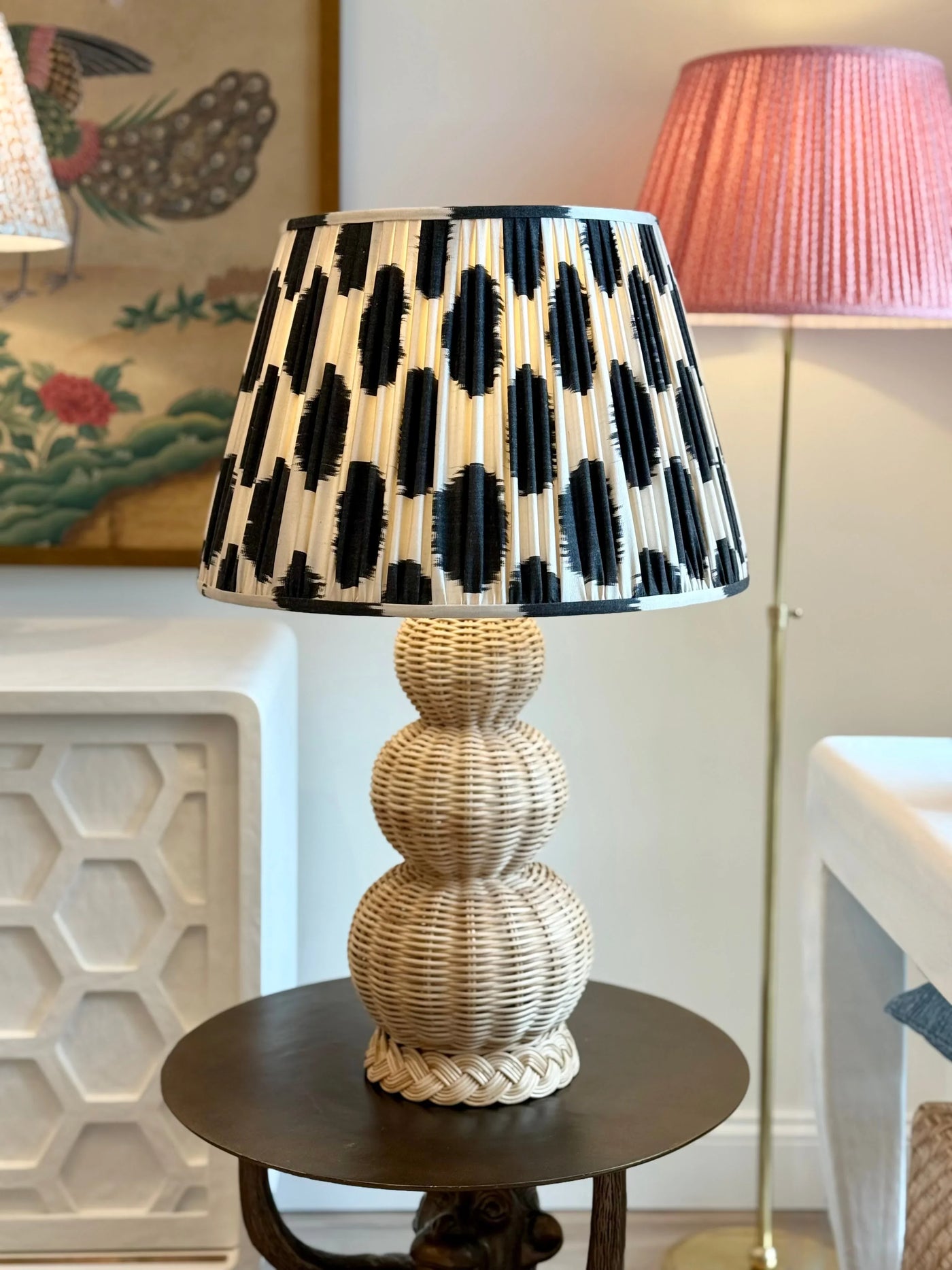 Scott Black & Ivory Ikat Lampshade on Braided Double Rattan Gourd Lamp