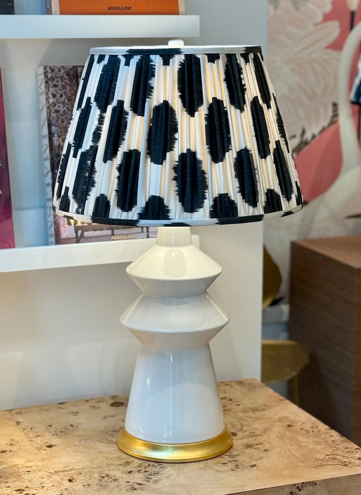 Scott Black Ivory Ikat lampshade on Hwang bishop malibu lamp