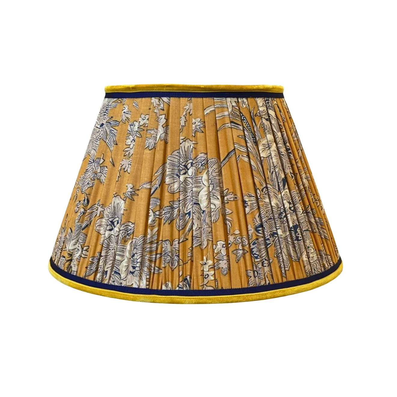 Tan & Navy Flower on Mustard Block Print Lampshade with Velvet & Grosgrain Trim