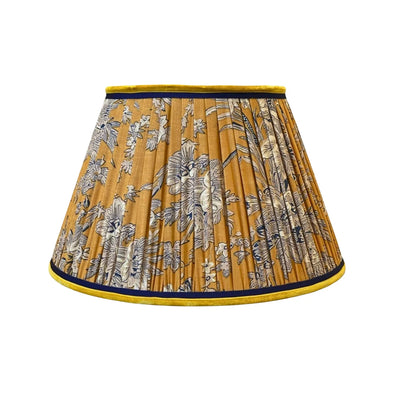 Tan & Navy Flower on Mustard Block Print Lampshade with Velvet & Grosgrain Trim