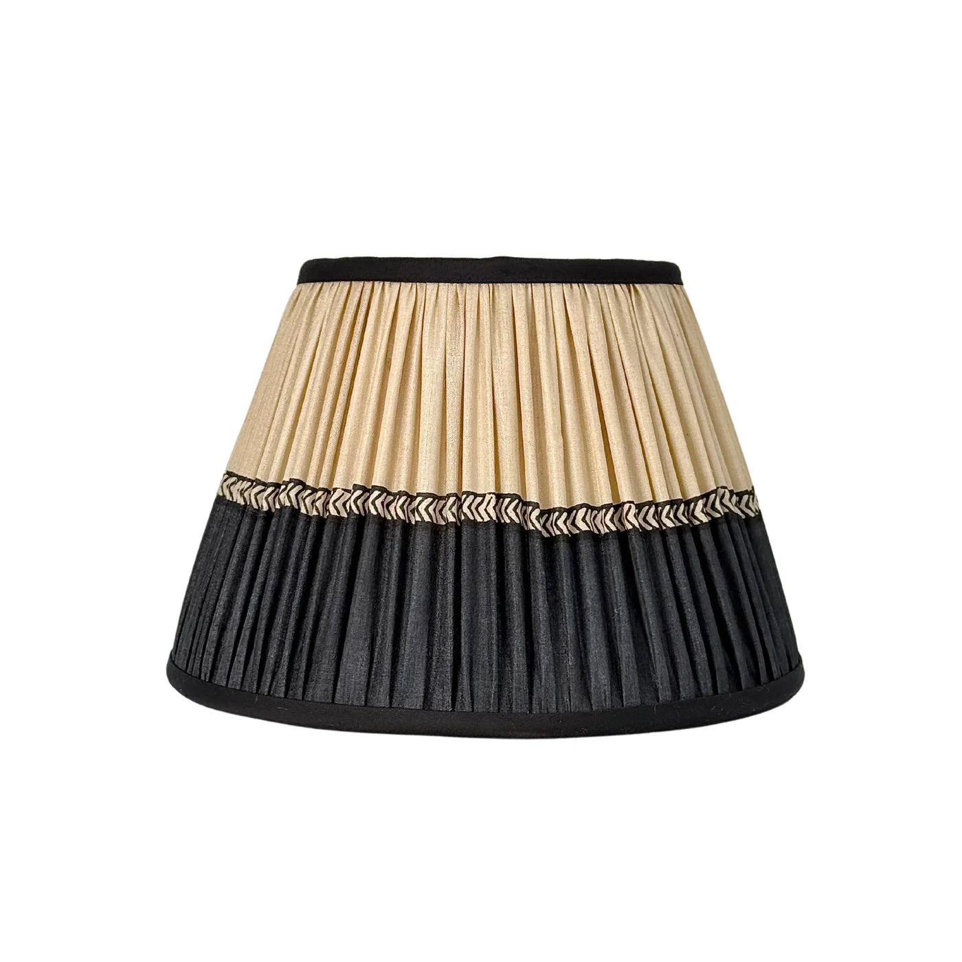Taupe & Black Geometric Sari Lampshade with Black Silk Trim 12ins