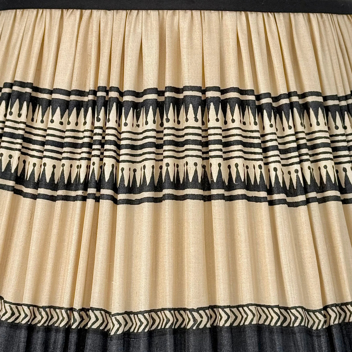 Taupe & Black Geometric Sari Lampshade with Black Silk Trim Close Up