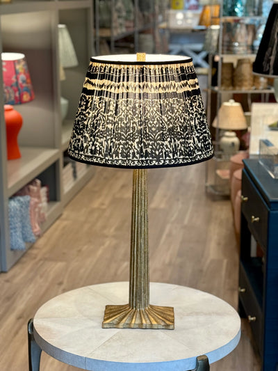 Taupe & Black Geometric Sari Lampshade with Black Silk Trim on Strie Fluted Column Table Lamp