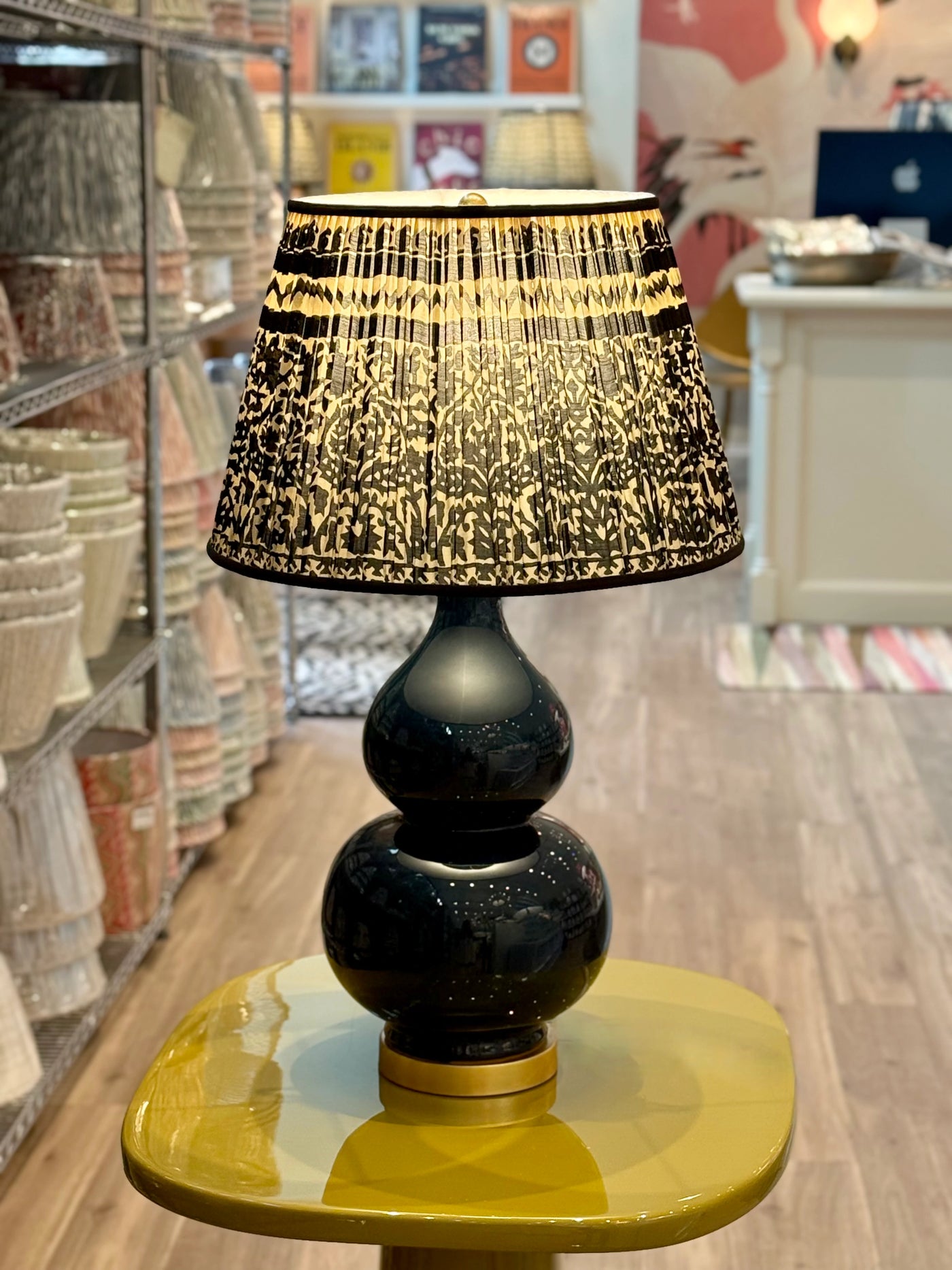 Taupe & Black Geometric Sari Lampshade with Black Silk Trim on Madison Navy Ceramic Table Lamp