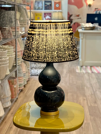 Taupe & Black Geometric Sari Lampshade with Black Silk Trim on Madison Navy Ceramic Table Lamp