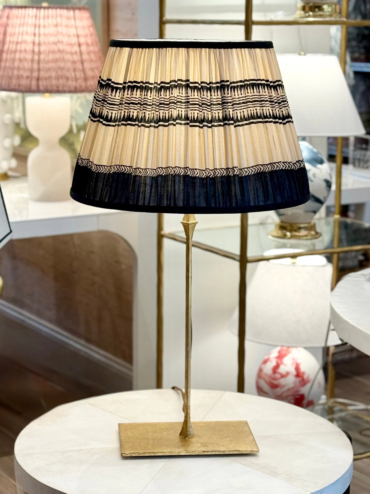 Taupe & Black Geometric Sari Lampshade with Black Silk Trim on Dauphine Table Lamp