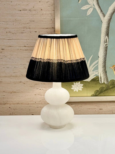 Taupe & Black Geometric Sari Lampshade with Black Silk Trim on alabaster mini lamp