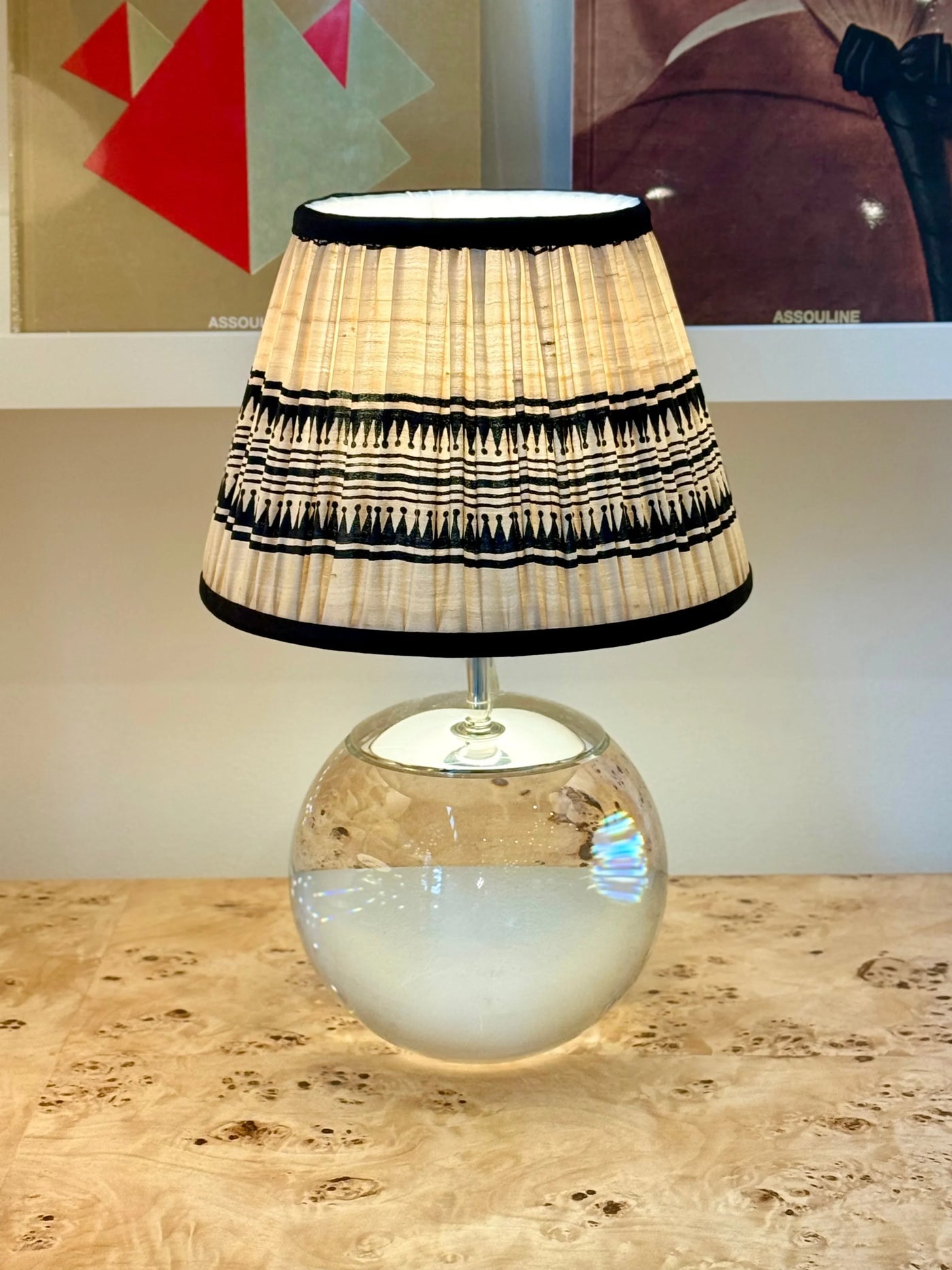 Taupe & Black Geometric Sari Lampshade with Black Silk Trim on Tiny Terri Lamp