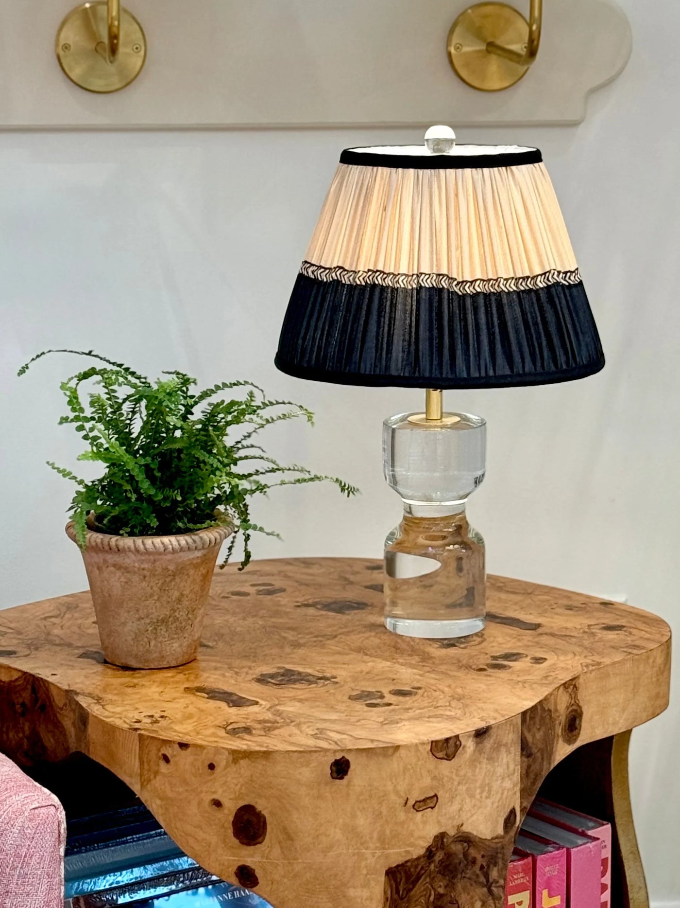Taupe & Black Geometric Sari Lampshade with Black Silk Trim on Crystal Lamp
