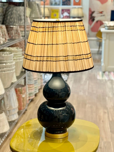 Taupe, Black & Gold Sari Lampshade with Black Silk Trim on Madison Navy Ceramic Table Lamp