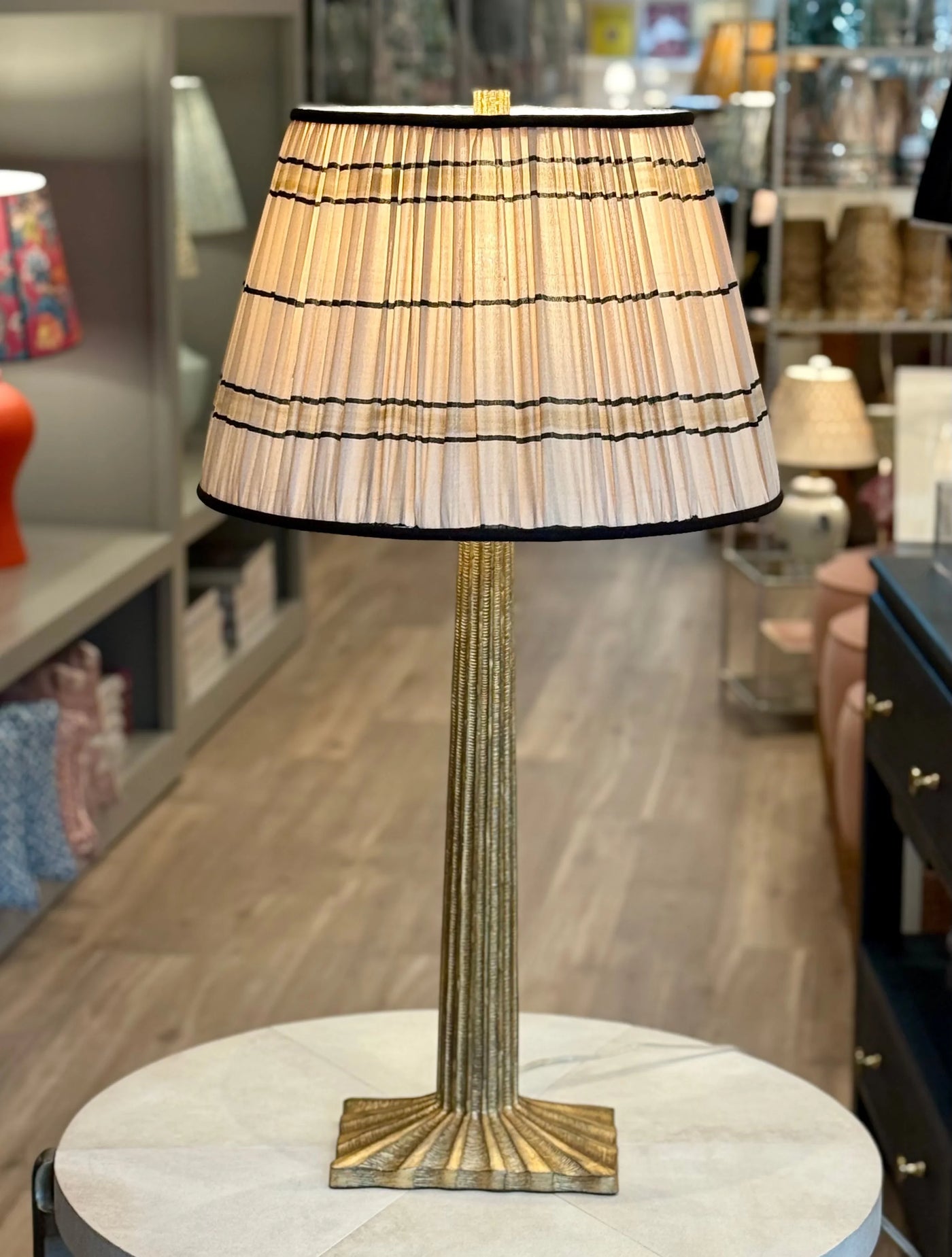 Taupe, Black & Gold Sari Lampshade with Black Silk Trim on trie Fluted Column Table Lamp