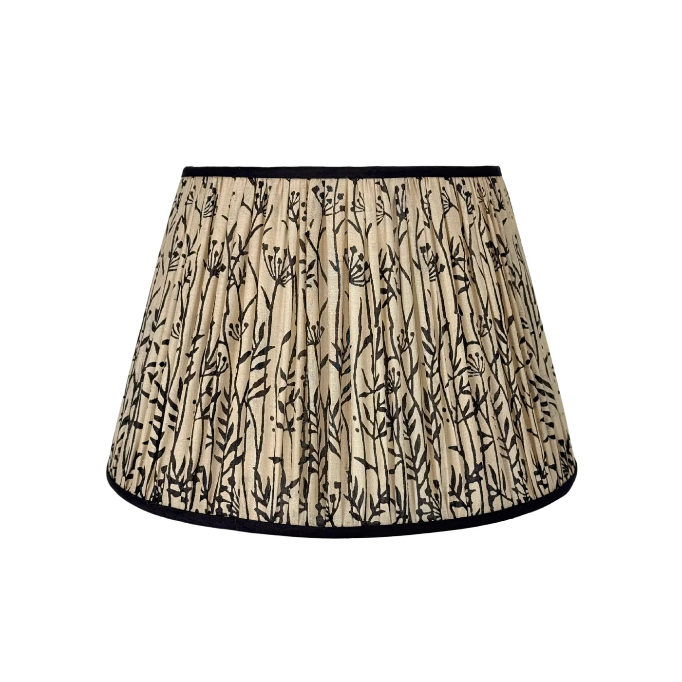 Pleated taupe silk lamp shade with black pattern and black trim