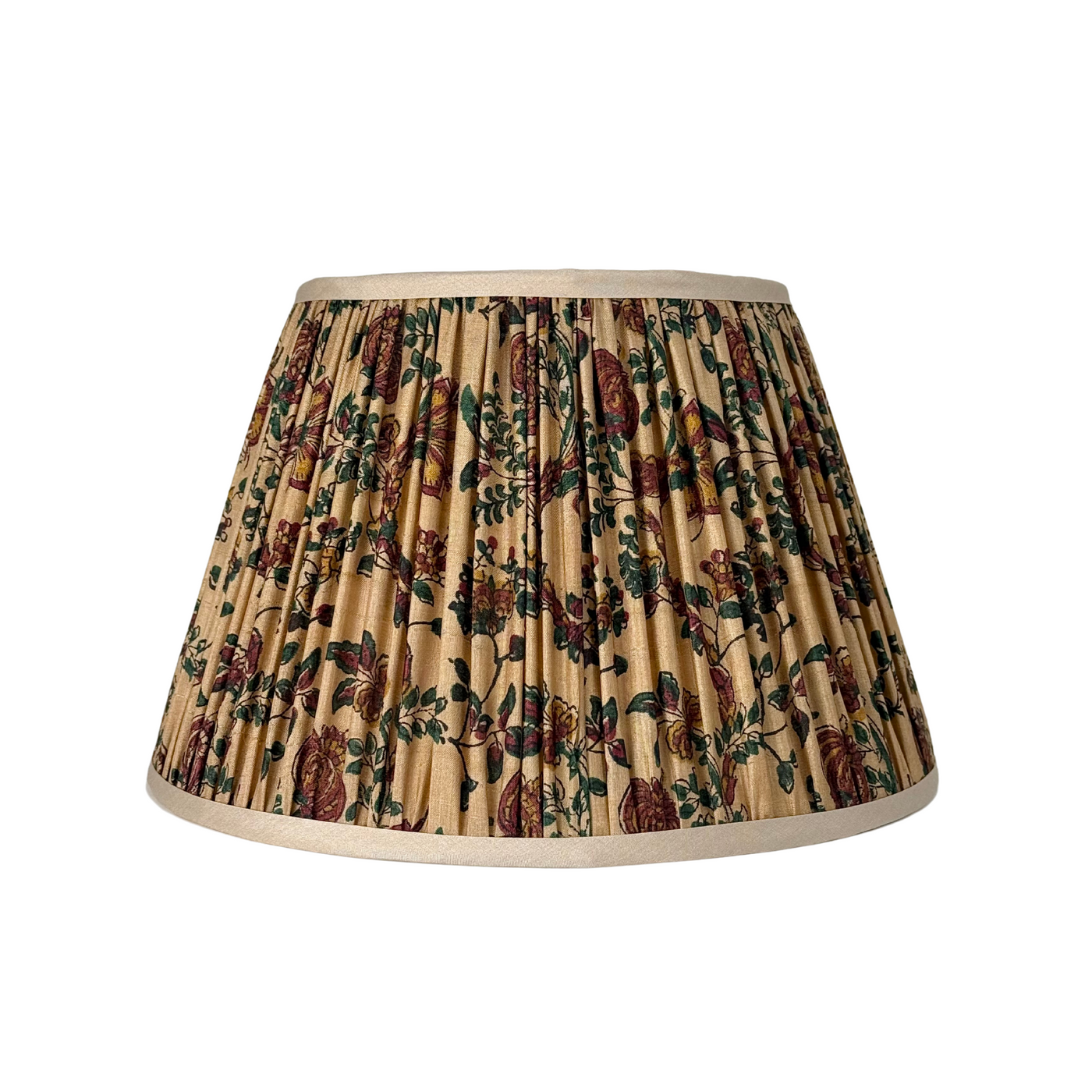 Taupe, Blue, Maroon & Green Sari Lampshade with Champagne Silk Trim