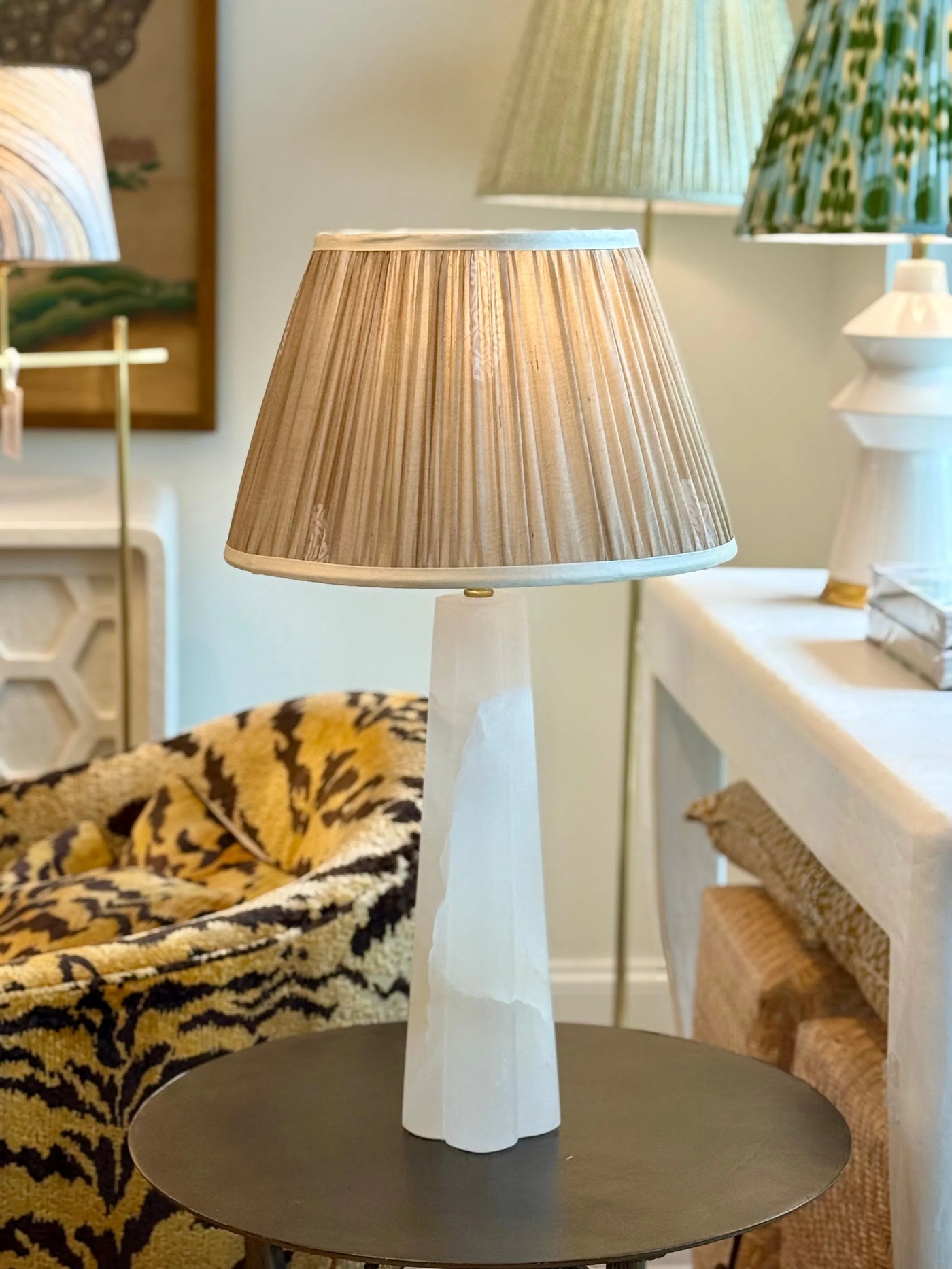 Taupe & Cream Sari Lampshade with Cream Silk Trim on Quatrefoil alabaster table lamp