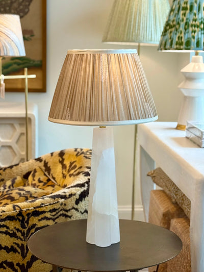 Taupe & Cream Sari Lampshade with Cream Silk Trim on Quatrefoil alabaster table lamp