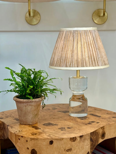 Taupe & Cream Sari Lampshade with Cream Silk Trim on small Joan crystal lamp