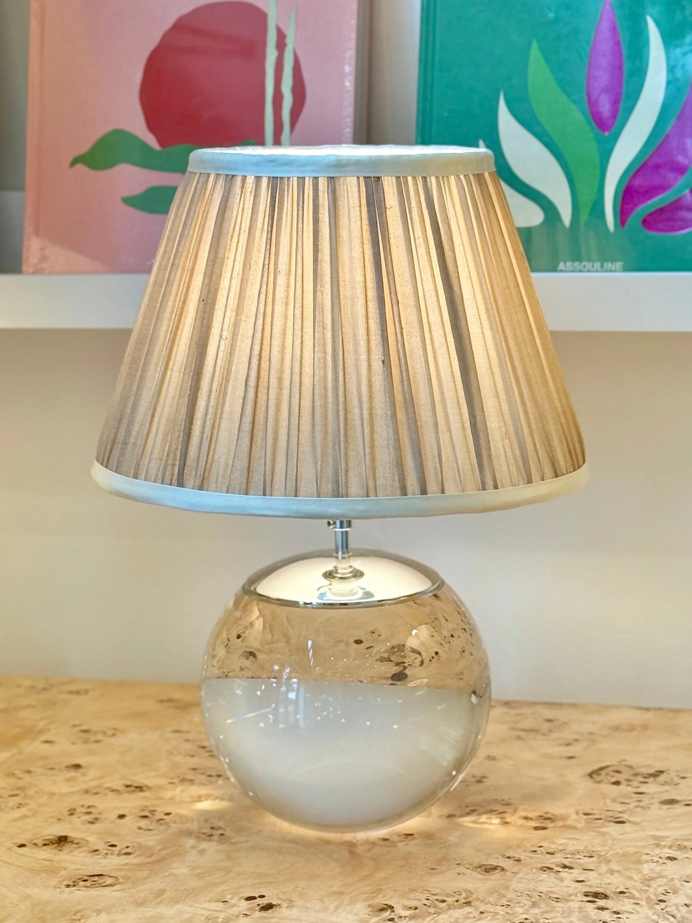 Taupe & Cream Sari Lampshade with Cream Silk Trim on terry round crystal lamp