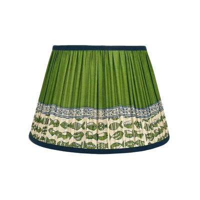Taupe, Navy & Green Fish Sari Lampshade with Navy Silk Trim