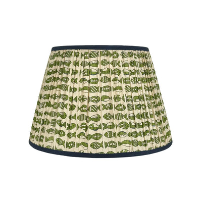 Taupe, Navy & Green Fish Sari Lampshade with Navy Silk Trim