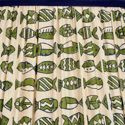 Taupe, Navy & Green Fish Sari Lampshade with Navy Silk Trim Close Up
