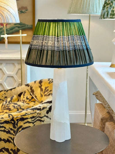 Taupe, Navy & Green Fish Sari Lampshade with Navy Silk Trim on quatrefoil alabaster lamp