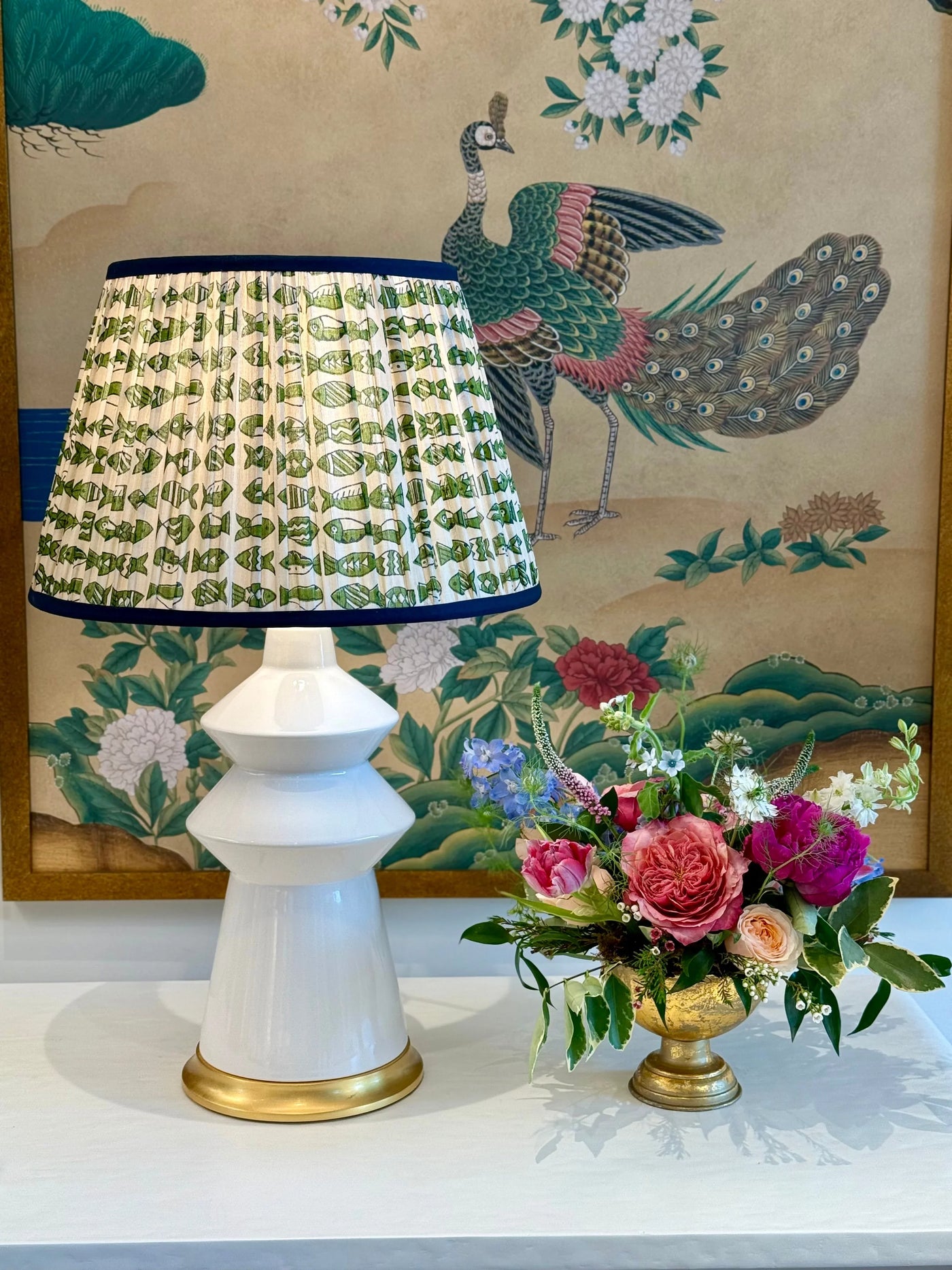 Taupe, Navy & Green Fish Sari Lampshade with Navy Silk Trim on Hwang Bishop White Malibu lamp