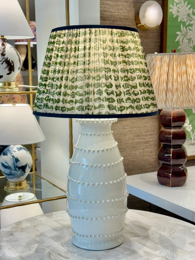 Taupe, Navy & Green Fish Sari Lampshade with Navy Silk Trim on White Spitzy Lamp