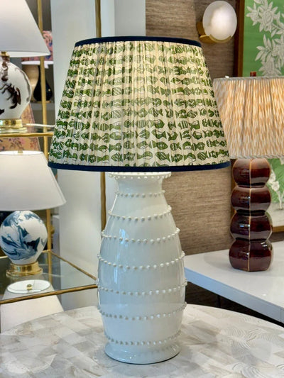 Taupe, Navy & Green Fish Sari Lampshade with Navy Silk Trim on White Spitzy Lamp