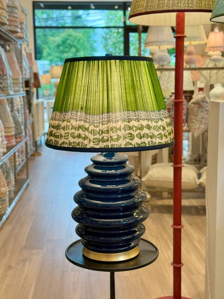 Taupe, Navy & Green Fish Sari Lampshade with Navy Silk Trim on Hwang Bishop Honey table lamp