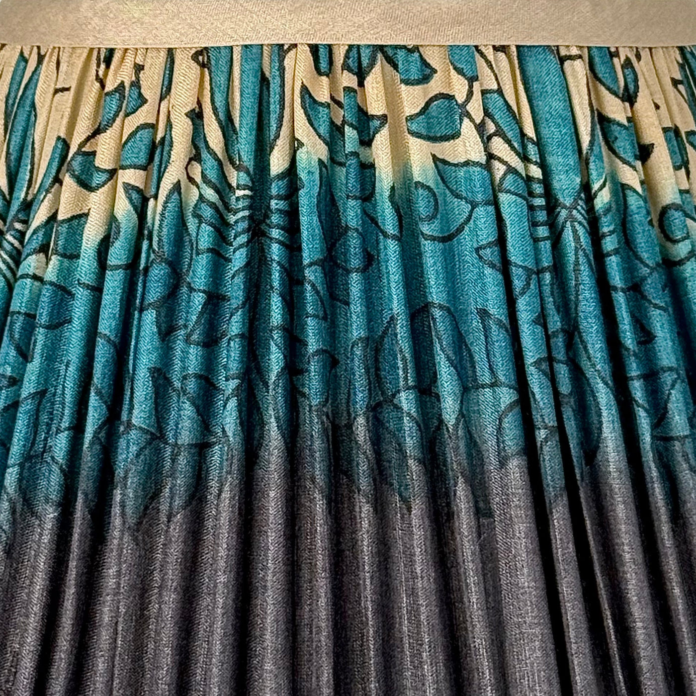 Taupe, Teal & Blue Sari Lampshade with Champagne Silk Trim Close up