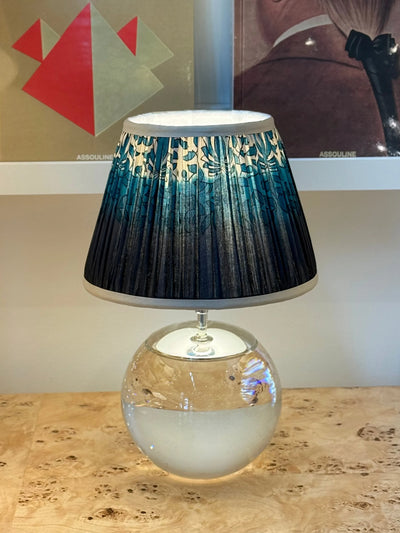 Taupe, Teal & Blue Sari Lampshade with Champagne Silk Trim on Tiny Terri crystal lamp