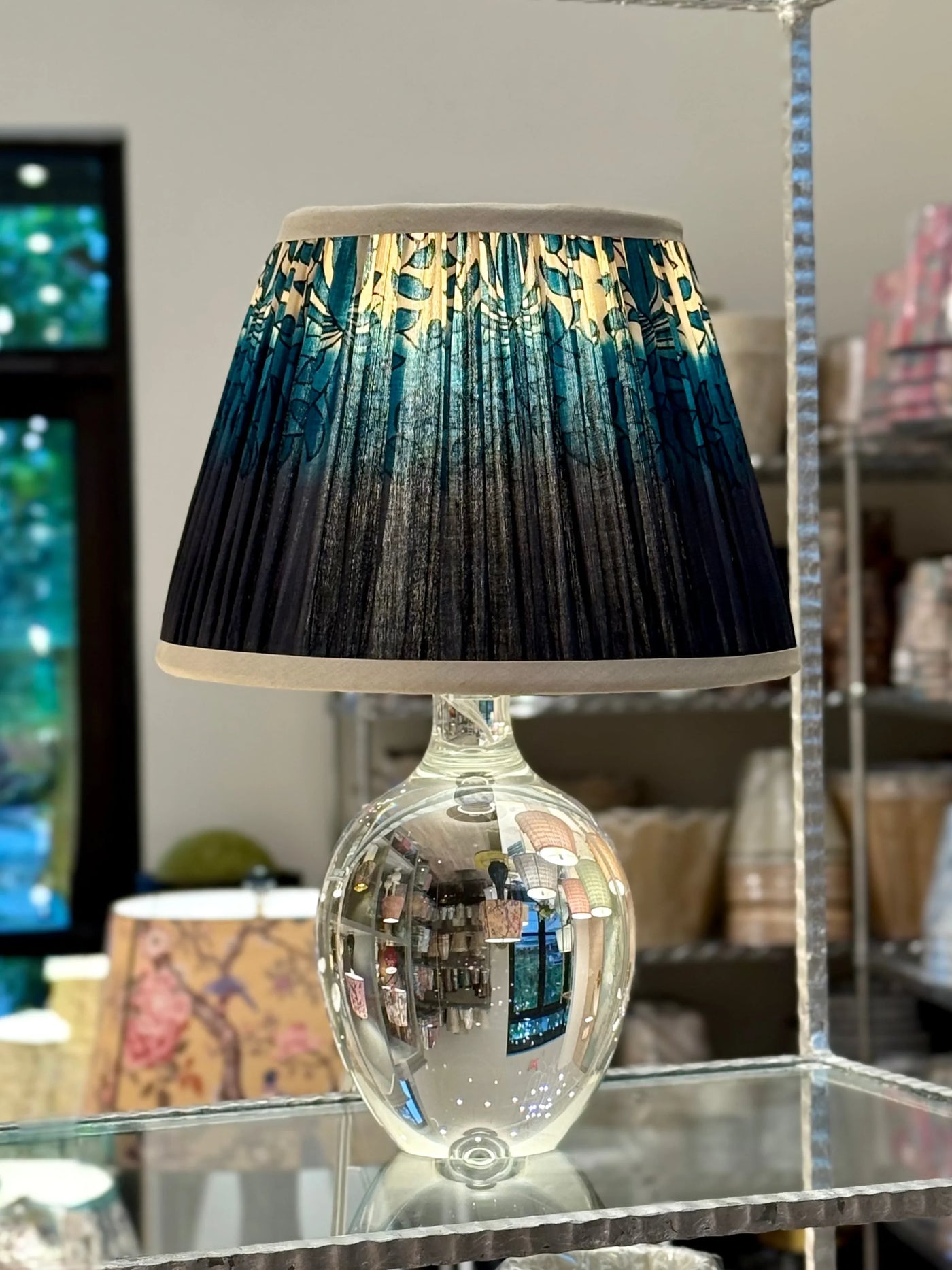Taupe, Teal & Blue Sari Lampshade with Champagne Silk Trim on mini crystal lamp
