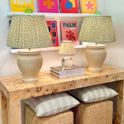 Green Fermoie lampshades on large neutral lamps