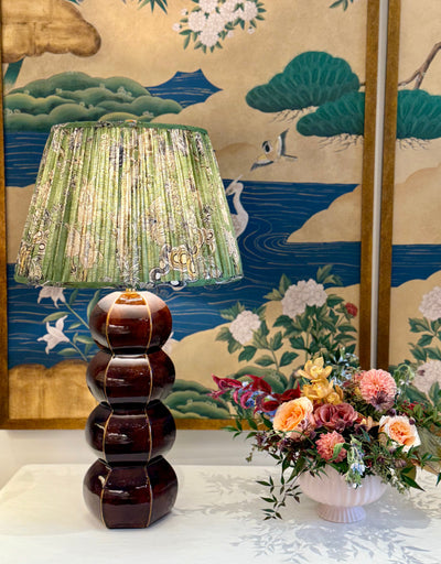 Thibaut - Chatelain in Green Fabric Lampshade paired with Hwang Bishop Barnacle brown lamp