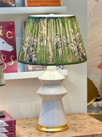 Thibaut - Chatelain in Green Fabric Lampshade paired with Hwang Bishops white Malibu Lamp