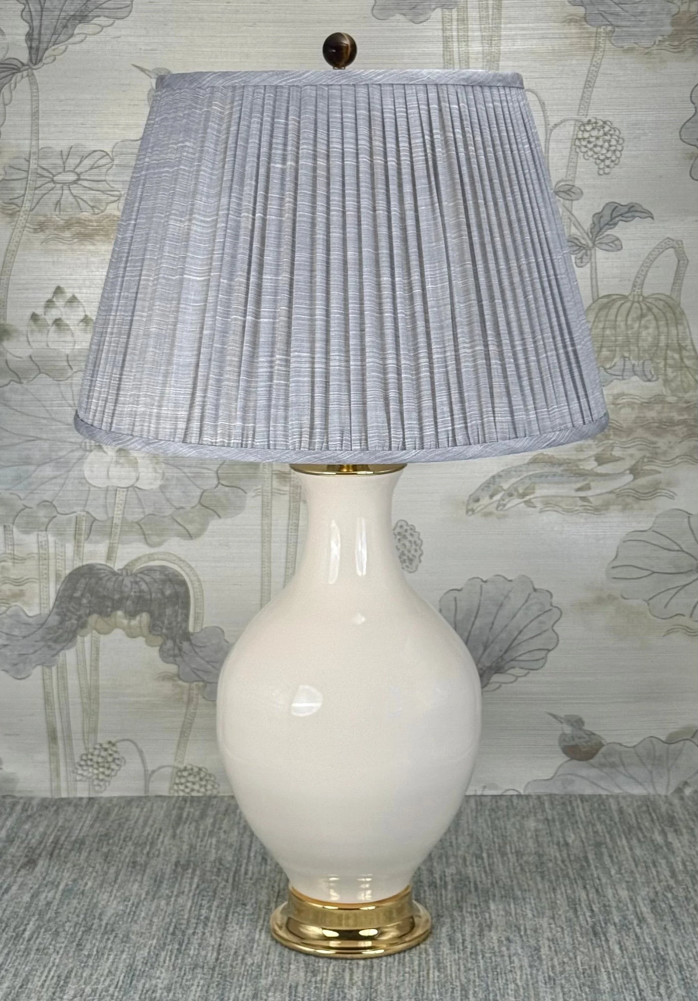 Tiger's Eye lamp finial styled with a Fermoie strie lampshade on a Paul Schneider Athens ceramic lamp