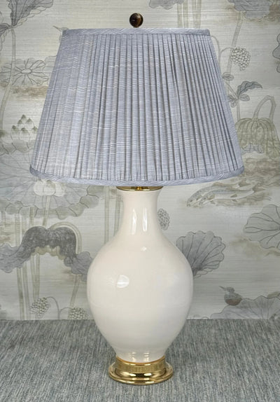 Tiger's Eye lamp finial styled with a Fermoie strie lampshade on a Paul Schneider Athens ceramic lamp