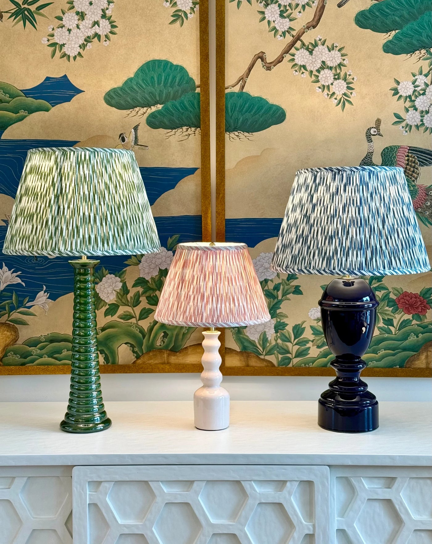 Timmy Ceramic Table Lamp in Cream, fisher lamp, and Eugene lamp paired with Ian Sanderson Quiver lampshades