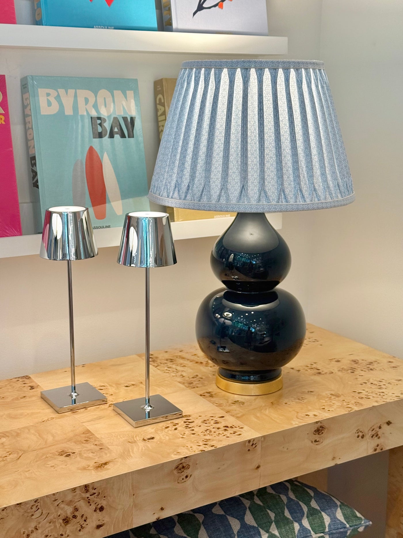 Top Smocked Box Pleat - Ian Sanderson Alpine Blue Millie Lampshade with White Trim